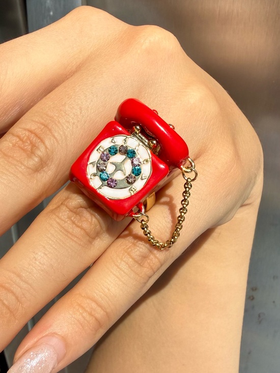 Anthropologie Jewelry - Red Retro Telephone Statement Ring with Multicolor Crystal Dial
